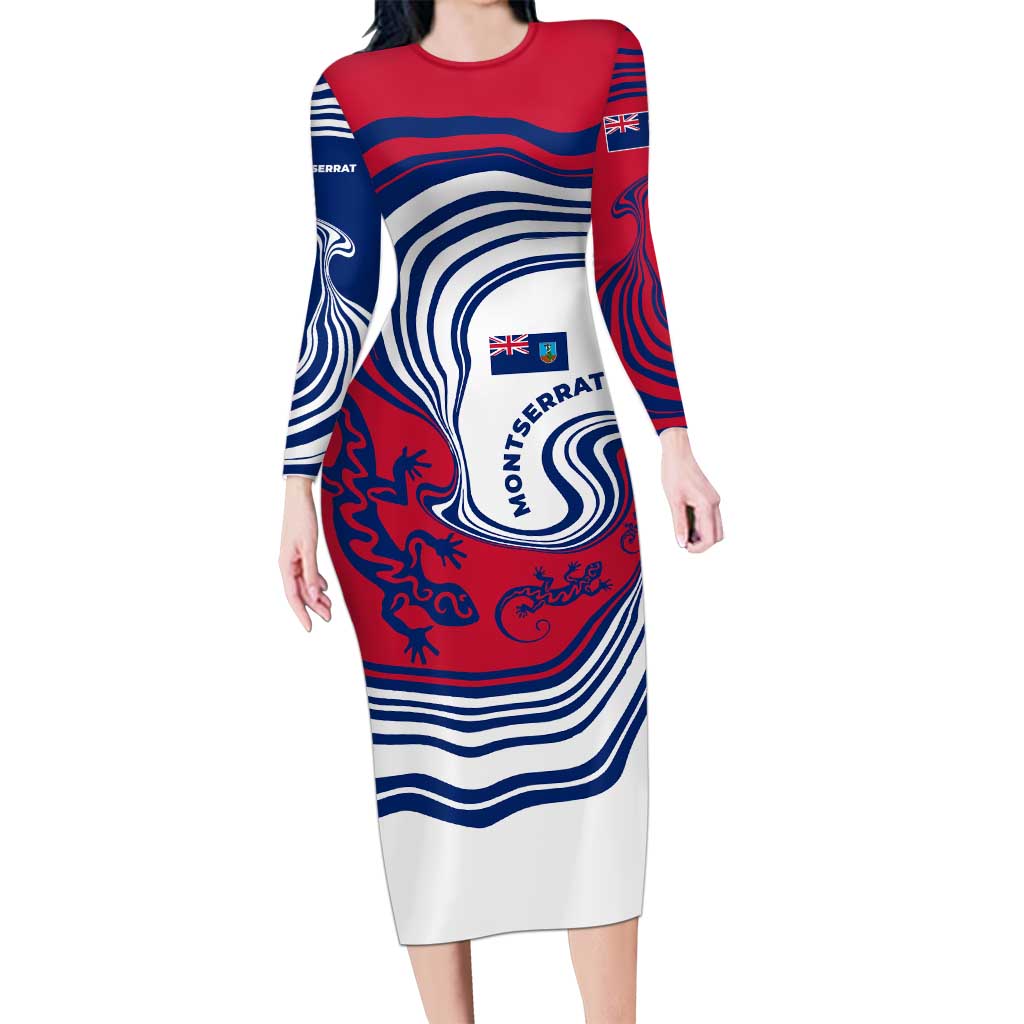 Montserrat Long Sleeve Bodycon Dress with Gecko Illustration Red Blue Wavy Line Design - Wonder Print Shop