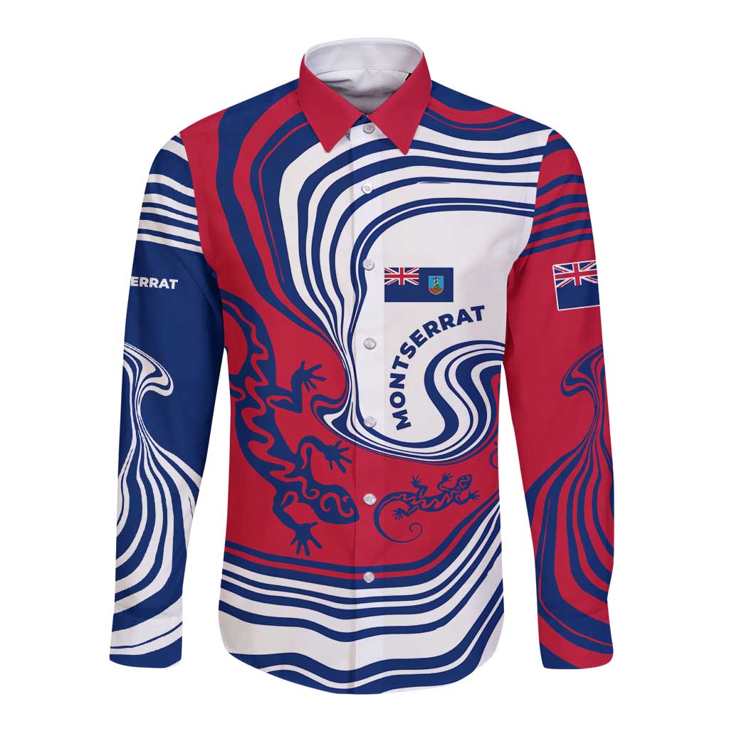 Montserrat Long Sleeve Button Shirt with Gecko Illustration Red Blue Wavy Line Design - Wonder Print Shop
