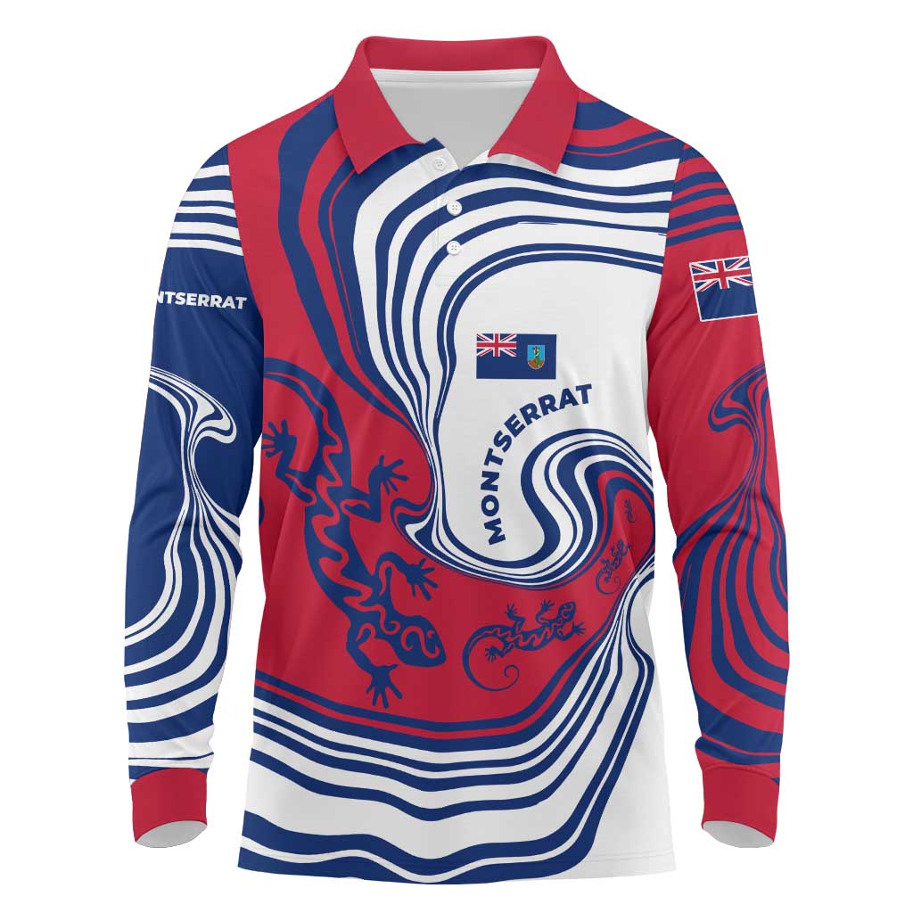 Montserrat Long Sleeve Polo Shirt with Gecko Illustration Red Blue Wavy Line Design - Wonder Print Shop