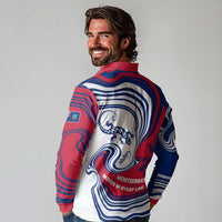 Montserrat Long Sleeve Polo Shirt with Gecko Illustration Red Blue Wavy Line Design - Wonder Print Shop