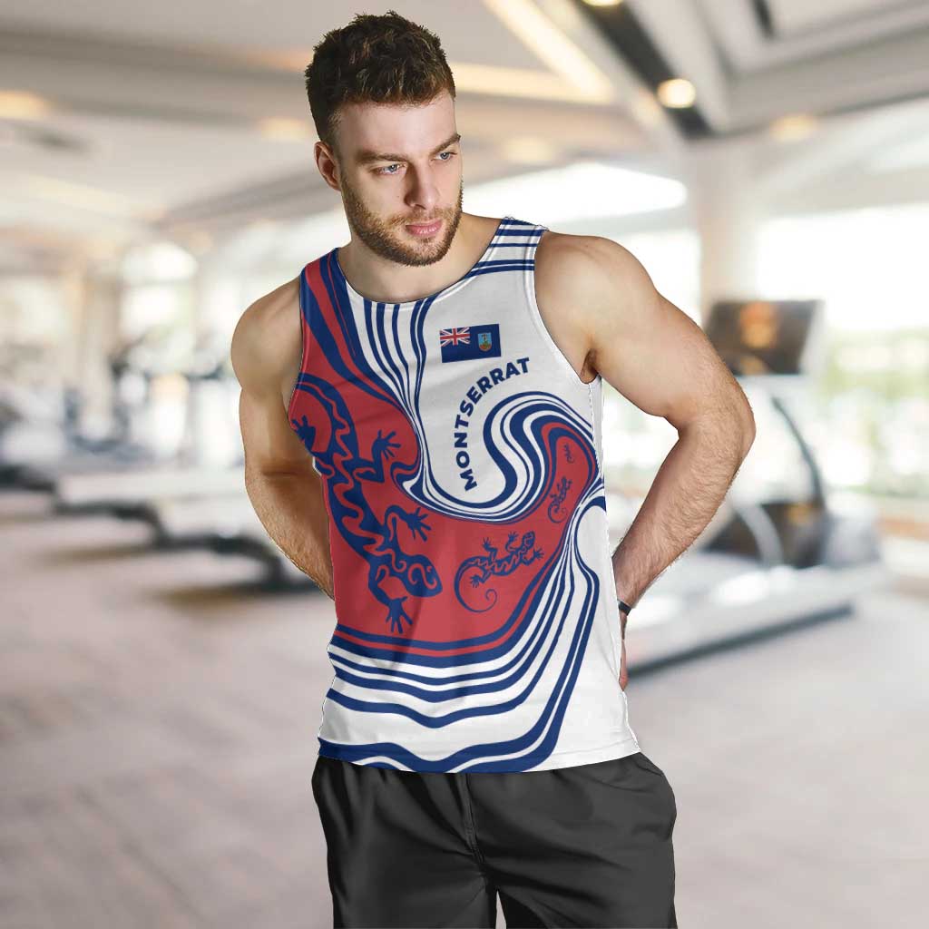 Montserrat Men Tank Top with Gecko Illustration Red Blue Wavy Line Design - Wonder Print Shop