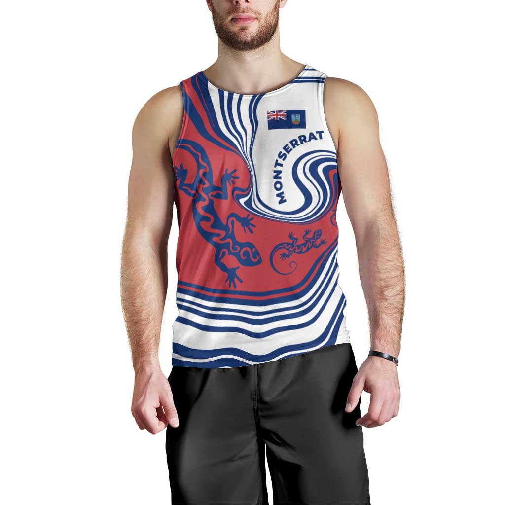 Montserrat Men Tank Top with Gecko Illustration Red Blue Wavy Line Design - Wonder Print Shop