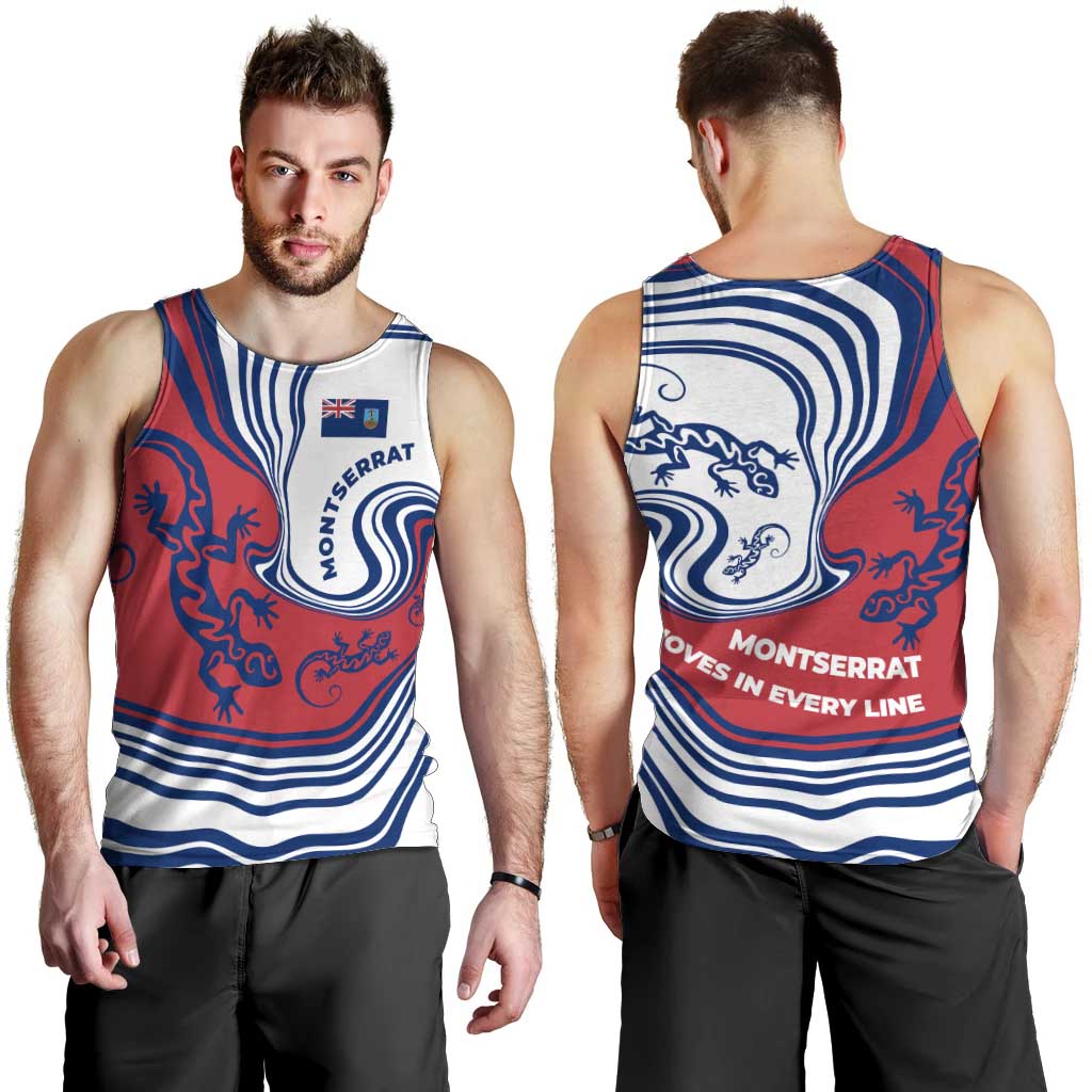 Montserrat Men Tank Top with Gecko Illustration Red Blue Wavy Line Design - Wonder Print Shop