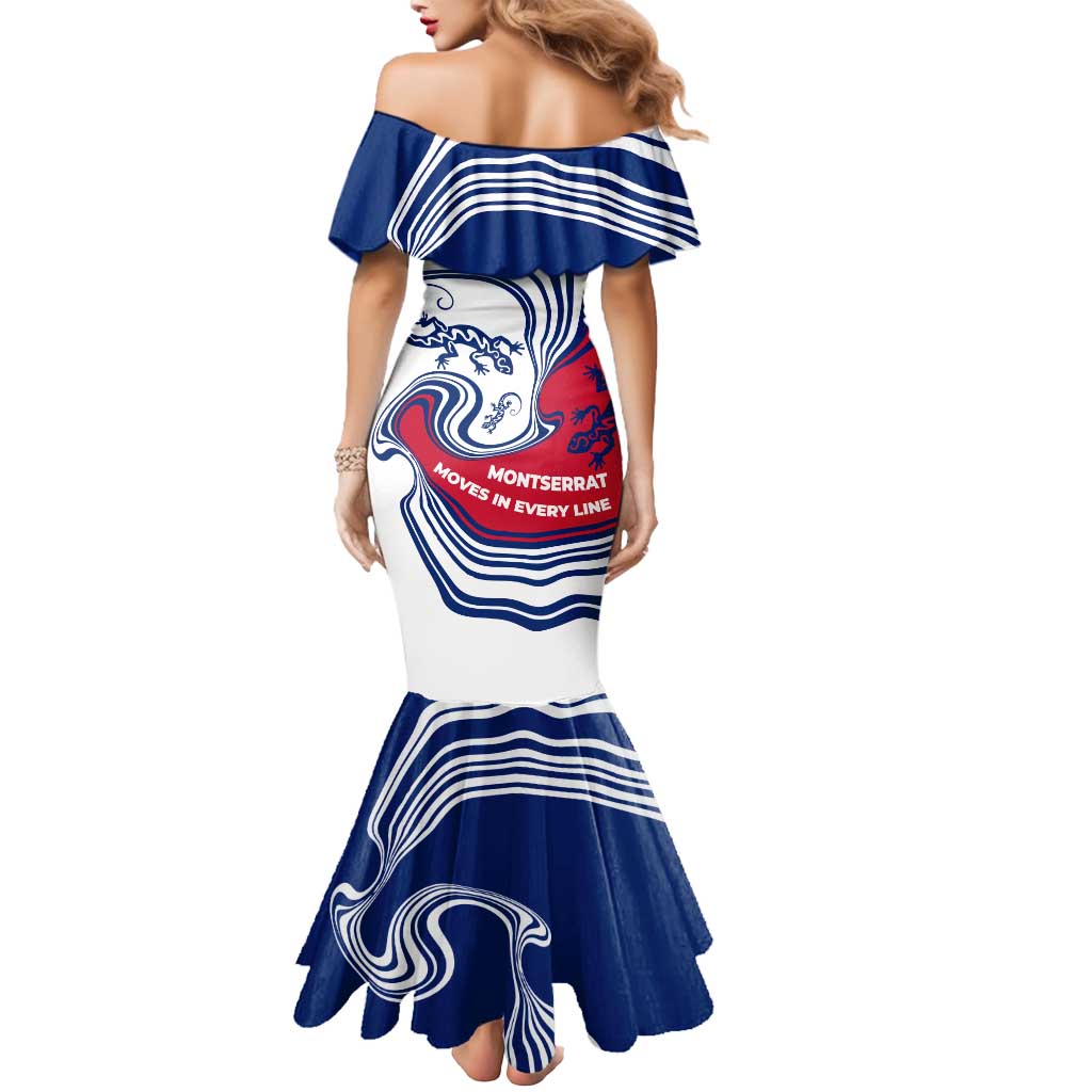 Montserrat Mermaid Dress with Gecko Illustration Red Blue Wavy Line Design - Wonder Print Shop
