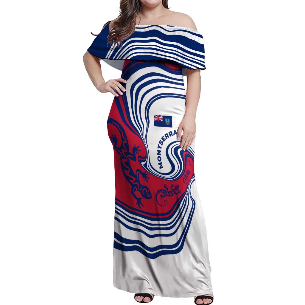 Montserrat Off Shoulder Maxi Dress with Gecko Illustration Red Blue Wavy Line Design - Wonder Print Shop