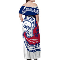 Montserrat Off Shoulder Maxi Dress with Gecko Illustration Red Blue Wavy Line Design - Wonder Print Shop