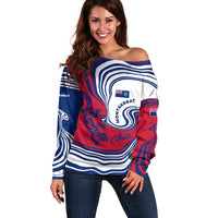 Montserrat Off Shoulder Sweater with Gecko Illustration Red Blue Wavy Line Design - Wonder Print Shop