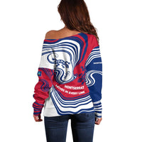 Montserrat Off Shoulder Sweater with Gecko Illustration Red Blue Wavy Line Design - Wonder Print Shop