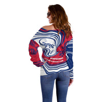 Montserrat Off Shoulder Sweater with Gecko Illustration Red Blue Wavy Line Design - Wonder Print Shop
