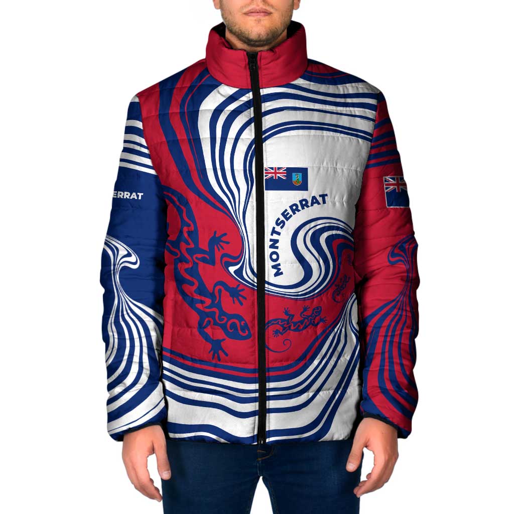 Montserrat Padded Jacket with Gecko Illustration Red Blue Wavy Line Design - Wonder Print Shop