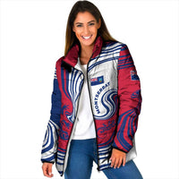 Montserrat Padded Jacket with Gecko Illustration Red Blue Wavy Line Design - Wonder Print Shop