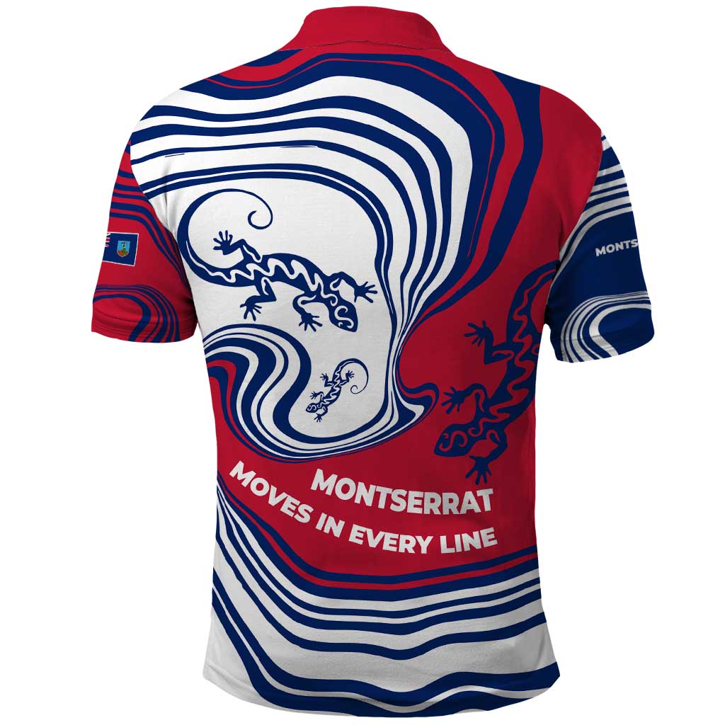Montserrat Polo Shirt with Gecko Illustration Red Blue Wavy Line Design - Wonder Print Shop