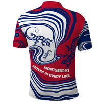Montserrat Polo Shirt with Gecko Illustration Red Blue Wavy Line Design - Wonder Print Shop