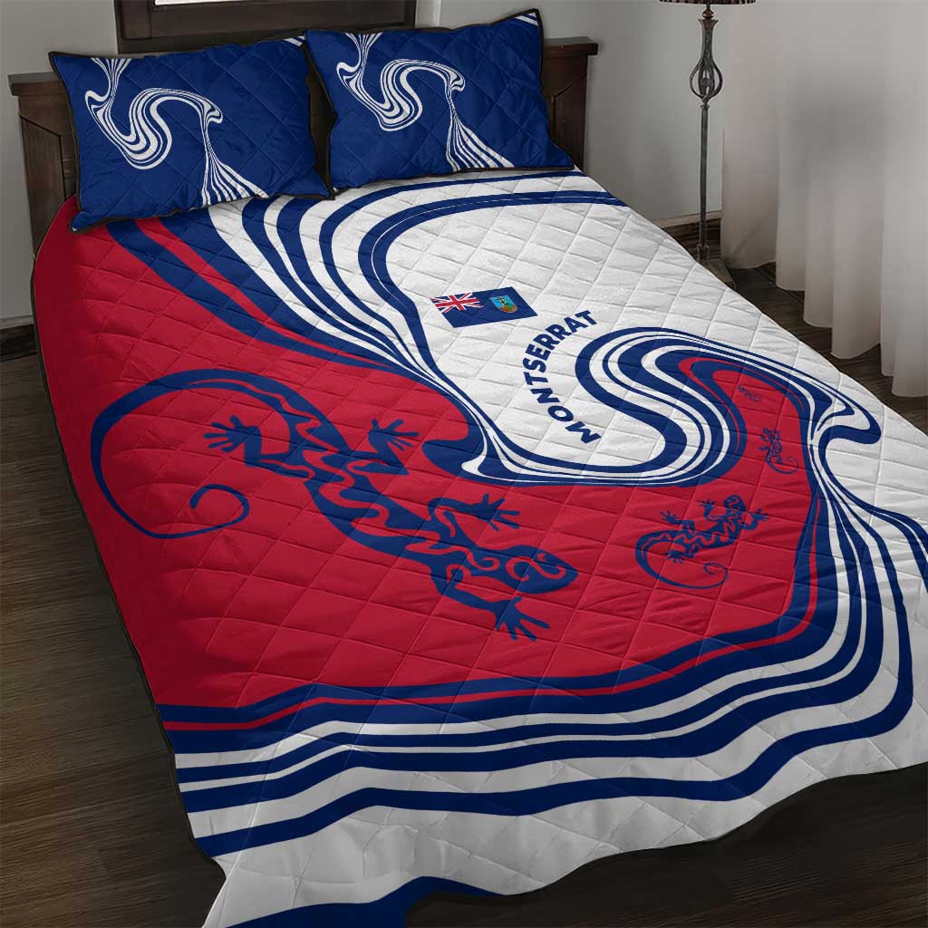 Montserrat Quilt Bed Set with Gecko Illustration Red Blue Wavy Line Design - Wonder Print Shop