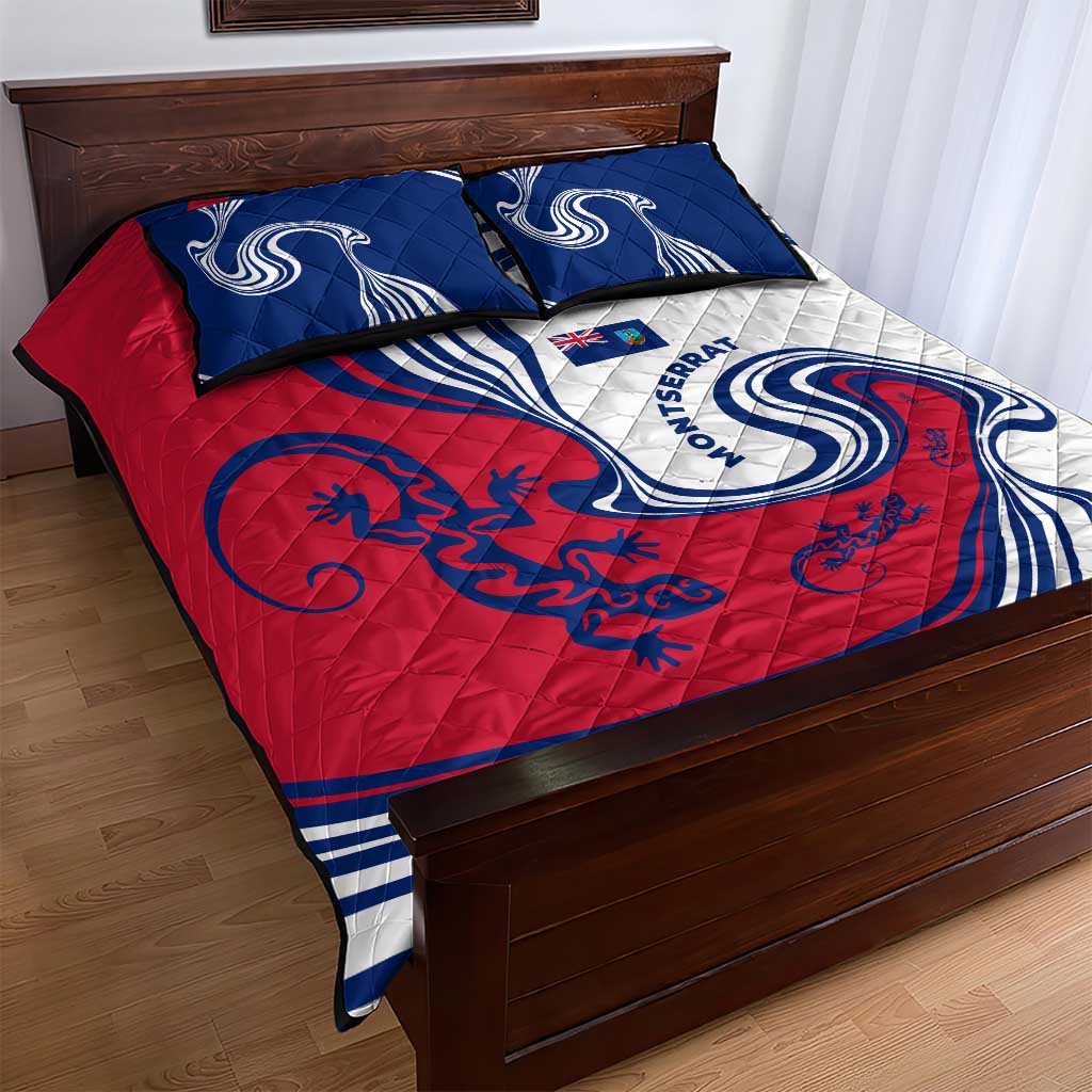 Montserrat Quilt Bed Set with Gecko Illustration Red Blue Wavy Line Design - Wonder Print Shop