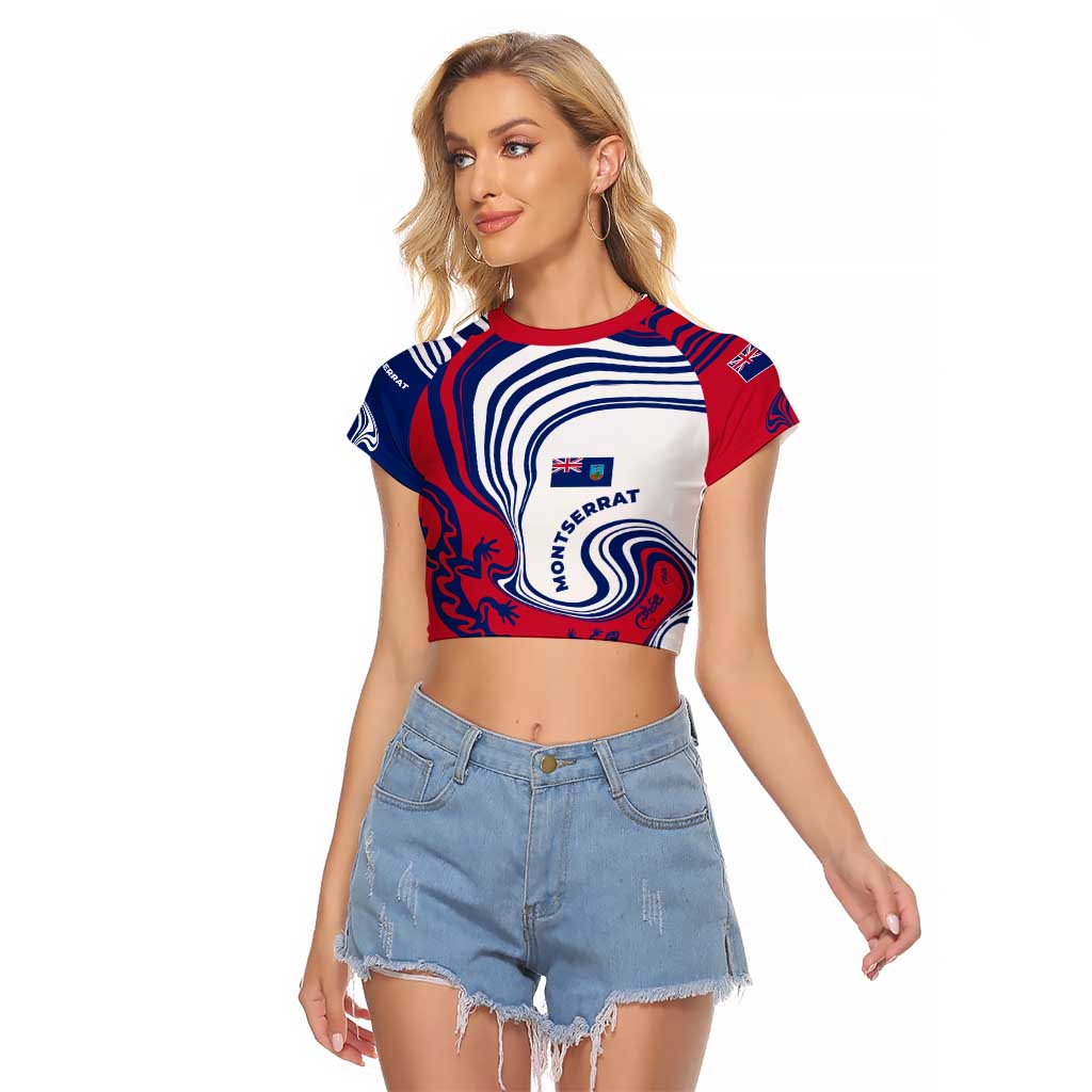 Montserrat Raglan Cropped T Shirt with Gecko Illustration Red Blue Wavy Line Design - Wonder Print Shop