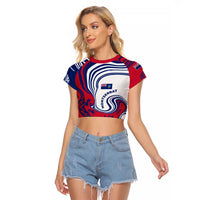 Montserrat Raglan Cropped T Shirt with Gecko Illustration Red Blue Wavy Line Design - Wonder Print Shop