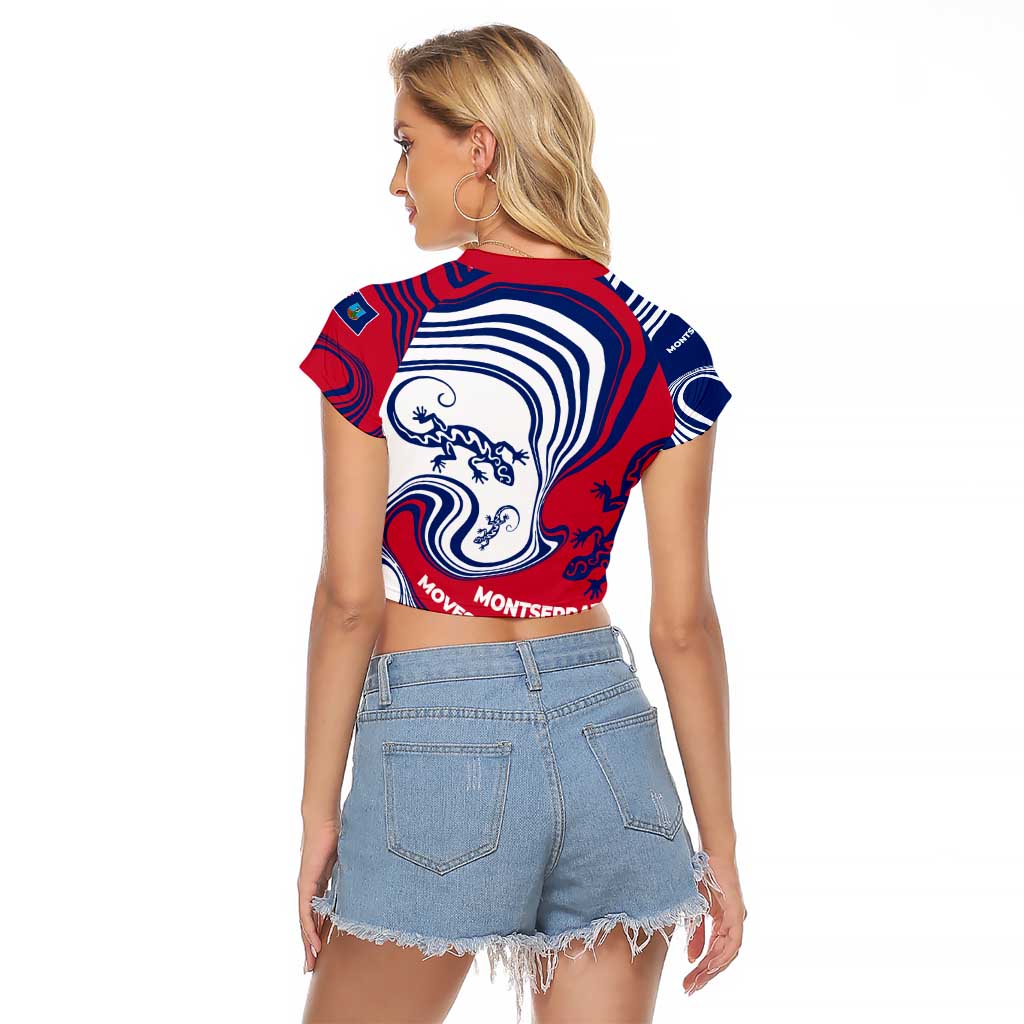 Montserrat Raglan Cropped T Shirt with Gecko Illustration Red Blue Wavy Line Design - Wonder Print Shop