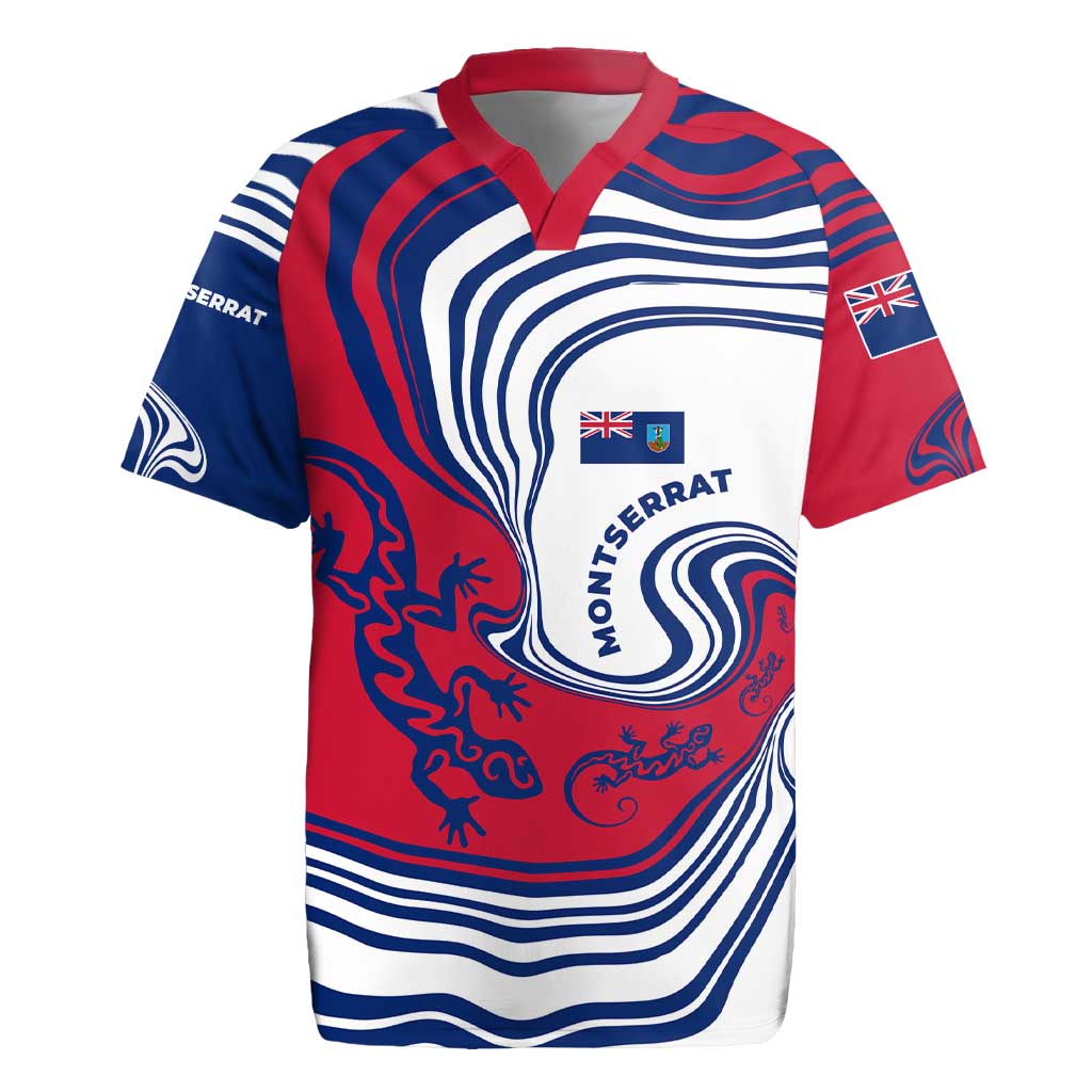 Montserrat Rugby Jersey with Gecko Illustration Red Blue Wavy Line Design - Wonder Print Shop