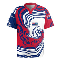 Montserrat Rugby Jersey with Gecko Illustration Red Blue Wavy Line Design - Wonder Print Shop