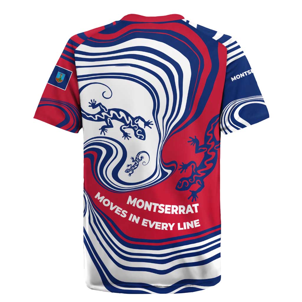 Montserrat Rugby Jersey with Gecko Illustration Red Blue Wavy Line Design - Wonder Print Shop