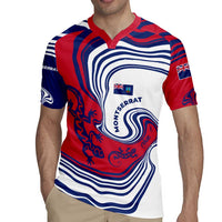 Montserrat Rugby Jersey with Gecko Illustration Red Blue Wavy Line Design - Wonder Print Shop