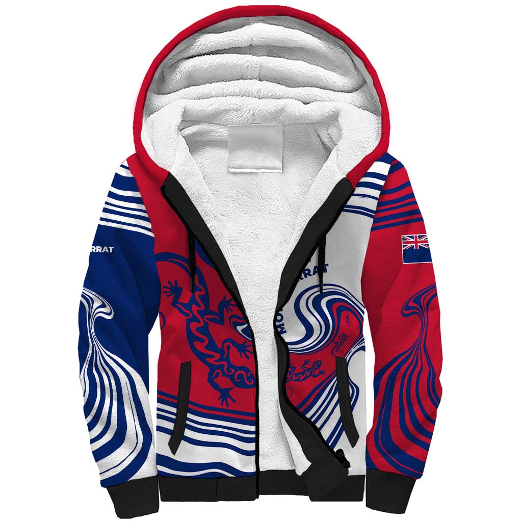 Montserrat Sherpa Hoodie with Gecko Illustration Red Blue Wavy Line Design - Wonder Print Shop
