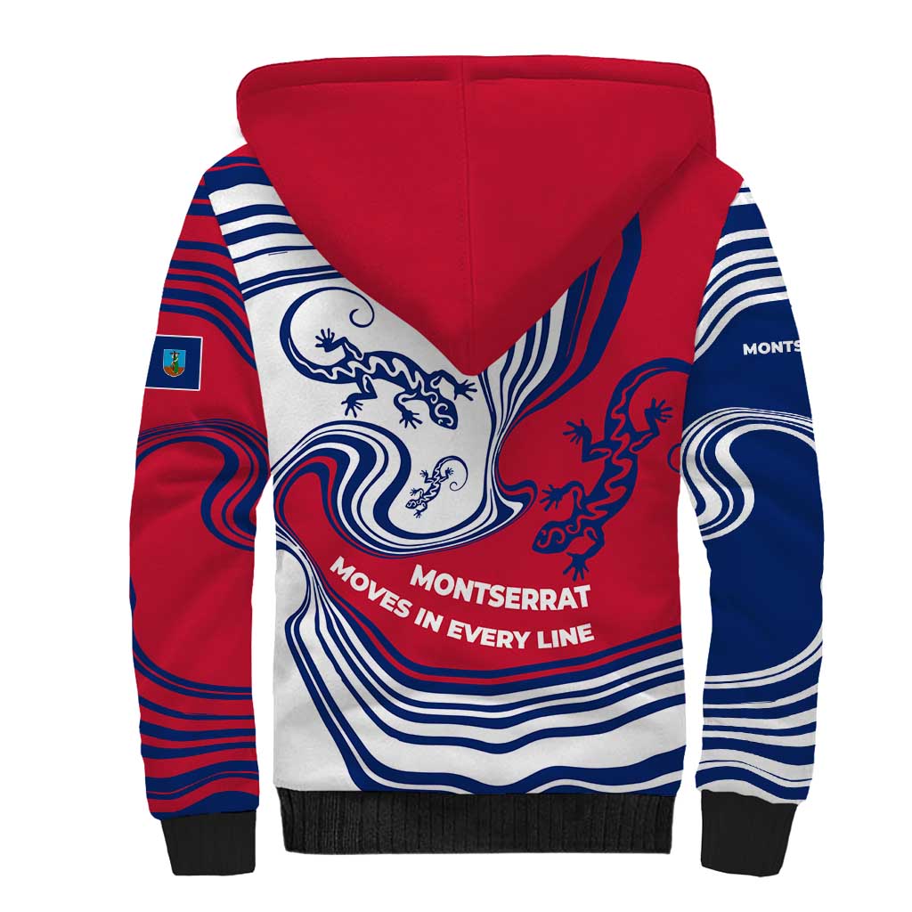 Montserrat Sherpa Hoodie with Gecko Illustration Red Blue Wavy Line Design - Wonder Print Shop