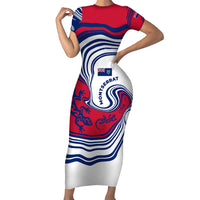 Montserrat Short Sleeve Bodycon Dress with Gecko Illustration Red Blue Wavy Line Design - Wonder Print Shop