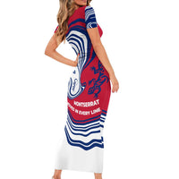 Montserrat Short Sleeve Bodycon Dress with Gecko Illustration Red Blue Wavy Line Design - Wonder Print Shop