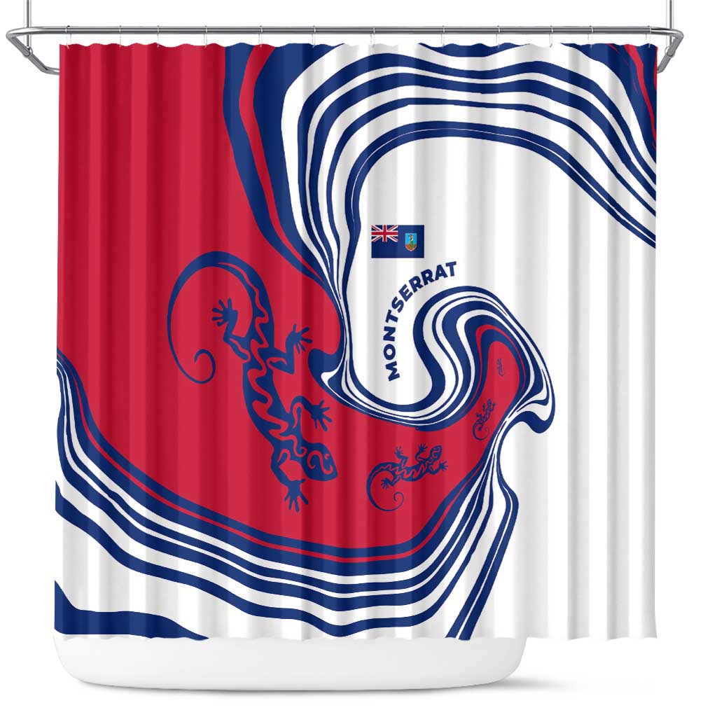 Montserrat Shower Curtain with Gecko Illustration Red Blue Wavy Line Design - Wonder Print Shop