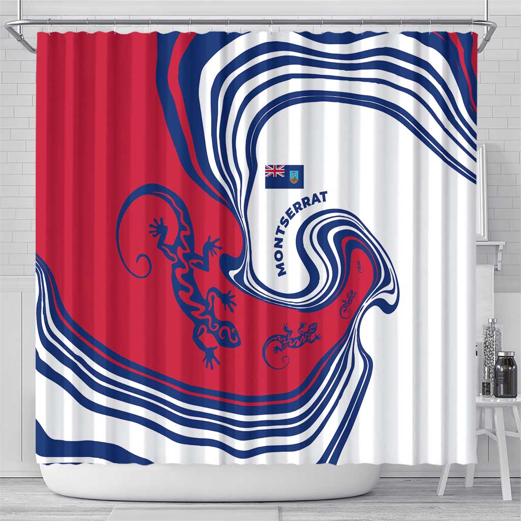 Montserrat Shower Curtain with Gecko Illustration Red Blue Wavy Line Design - Wonder Print Shop