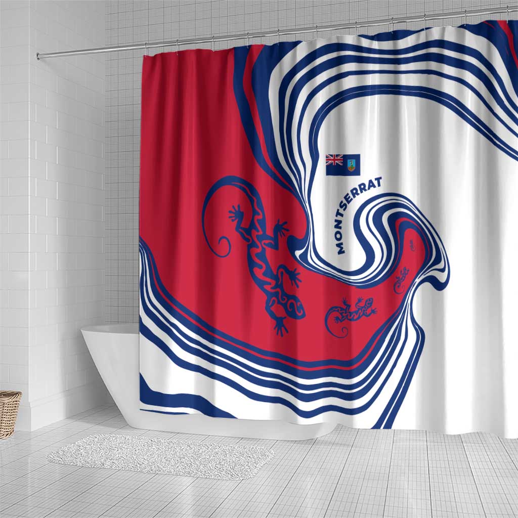 Montserrat Shower Curtain with Gecko Illustration Red Blue Wavy Line Design - Wonder Print Shop