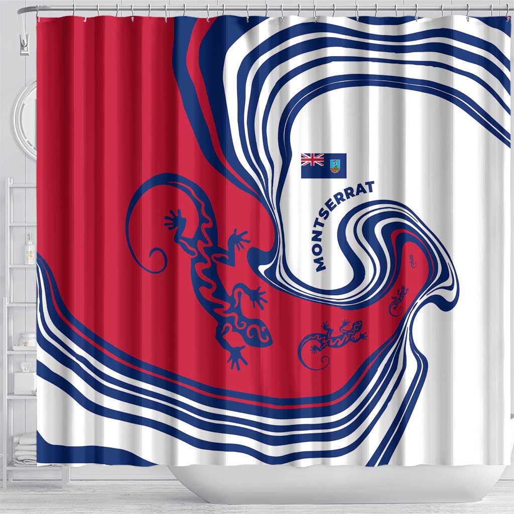 Montserrat Shower Curtain with Gecko Illustration Red Blue Wavy Line Design - Wonder Print Shop