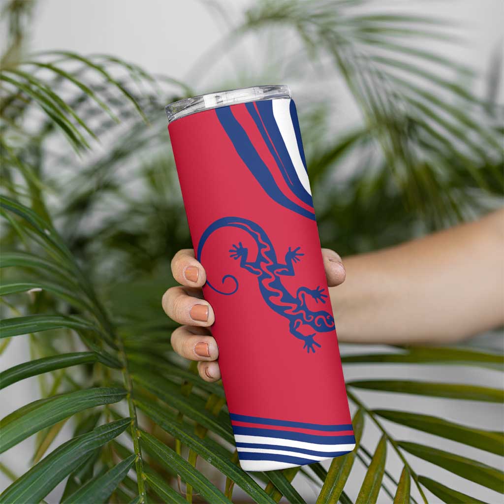 Montserrat Skinny Tumbler with Gecko Illustration Red Blue Wavy Line Design - Wonder Print Shop