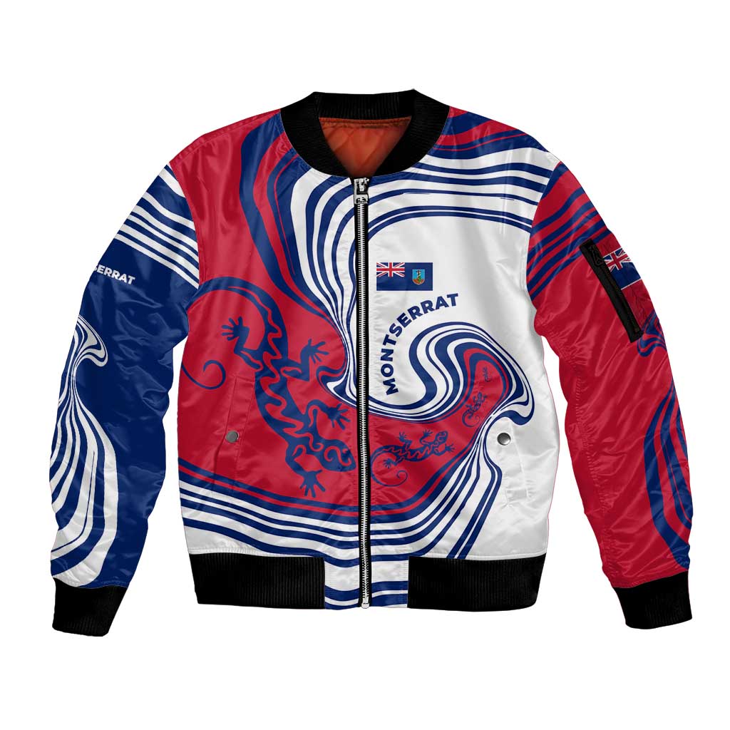 Montserrat Sleeve Zip Bomber Jacket with Gecko Illustration Red Blue Wavy Line Design - Wonder Print Shop