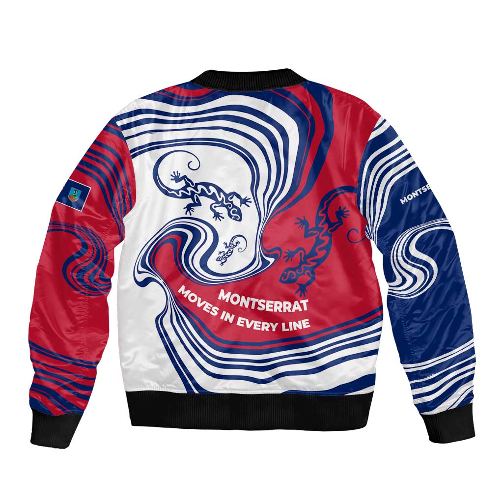 Montserrat Sleeve Zip Bomber Jacket with Gecko Illustration Red Blue Wavy Line Design - Wonder Print Shop