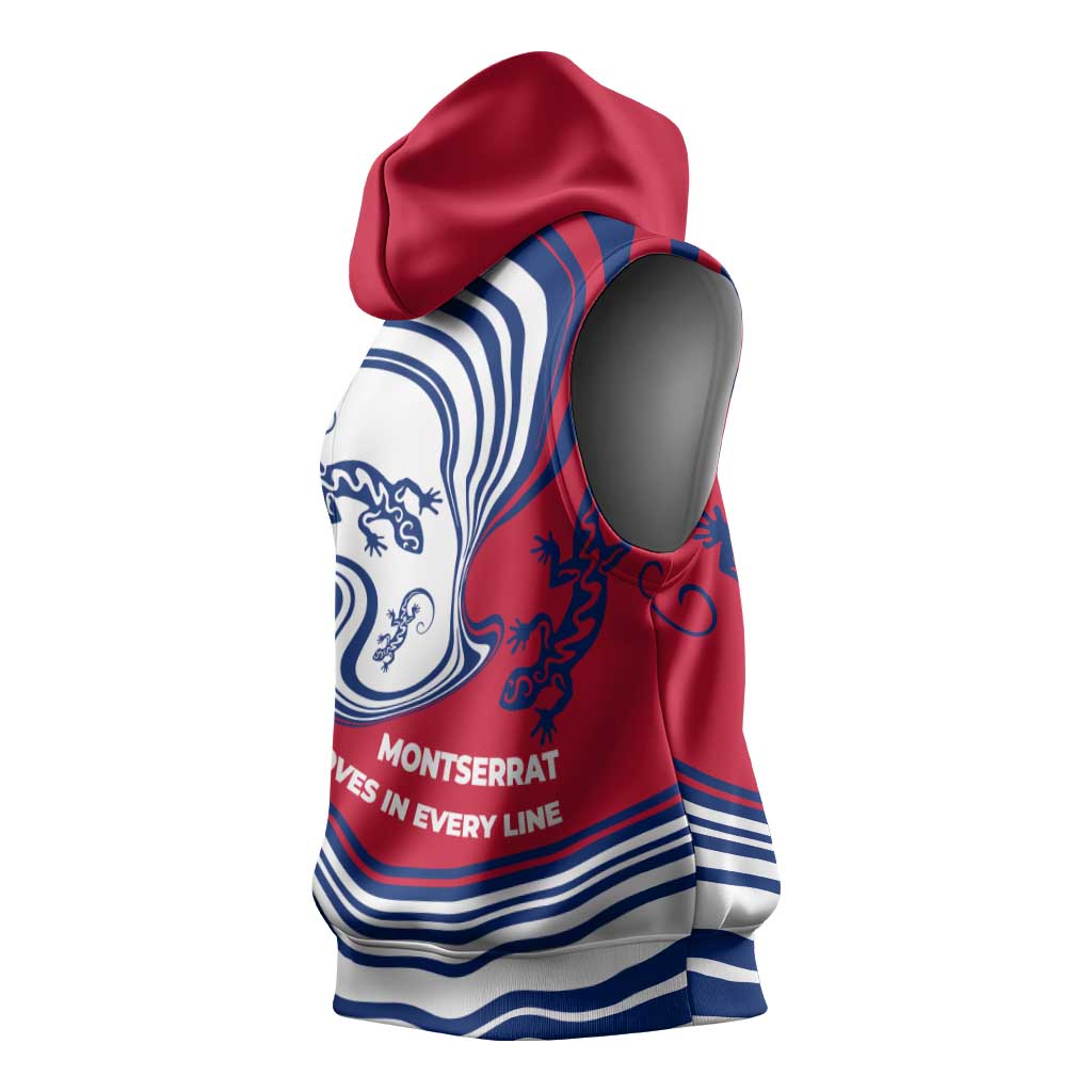 Montserrat Sleeveless Hoodie with Gecko Illustration Red Blue Wavy Line Design - Wonder Print Shop