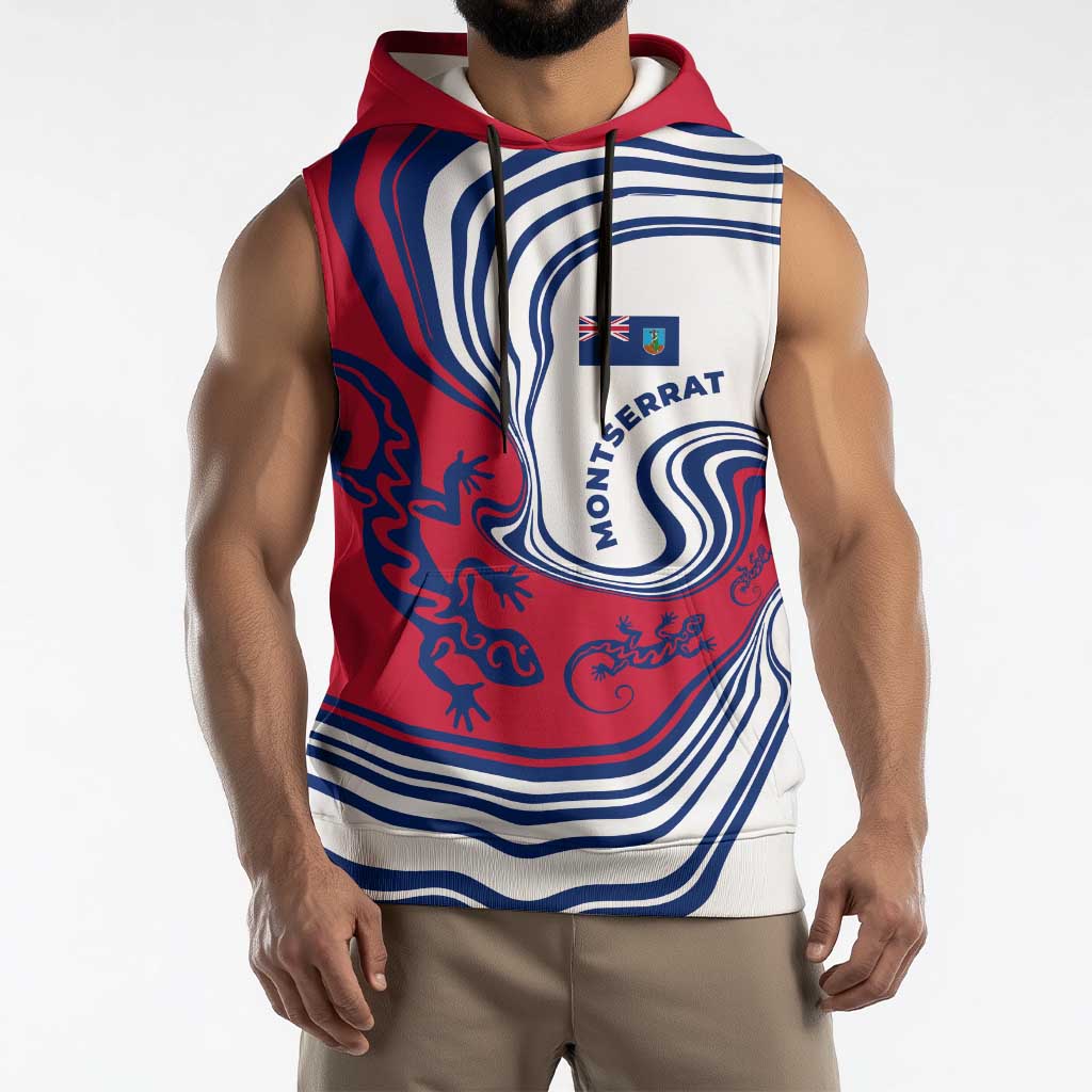 Montserrat Sleeveless Hoodie with Gecko Illustration Red Blue Wavy Line Design - Wonder Print Shop