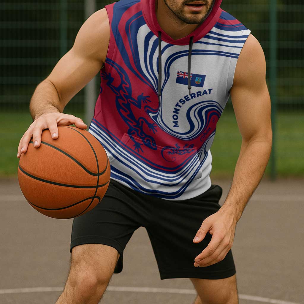 Montserrat Sleeveless Hoodie with Gecko Illustration Red Blue Wavy Line Design - Wonder Print Shop