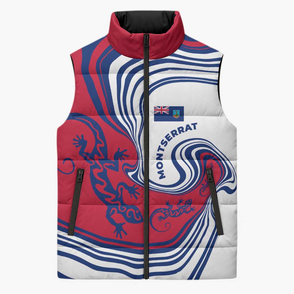 Montserrat Sleeveless Puffer Jacket with Gecko Illustration Red Blue Wavy Line Design - Wonder Print Shop
