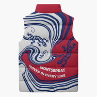 Montserrat Sleeveless Puffer Jacket with Gecko Illustration Red Blue Wavy Line Design - Wonder Print Shop