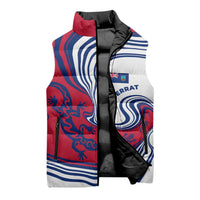 Montserrat Sleeveless Puffer Jacket with Gecko Illustration Red Blue Wavy Line Design - Wonder Print Shop