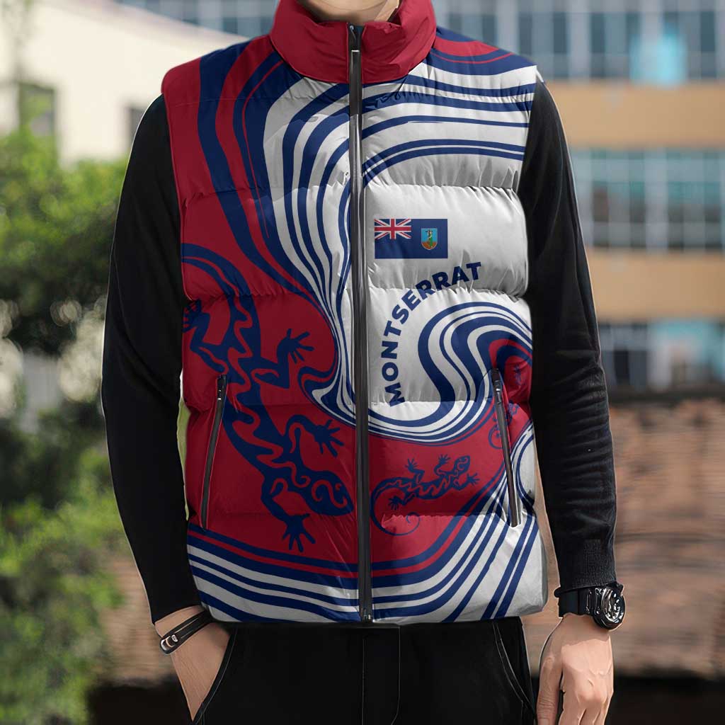 Montserrat Sleeveless Puffer Jacket with Gecko Illustration Red Blue Wavy Line Design - Wonder Print Shop