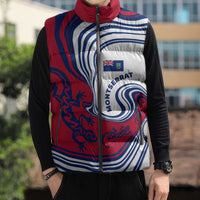Montserrat Sleeveless Puffer Jacket with Gecko Illustration Red Blue Wavy Line Design - Wonder Print Shop