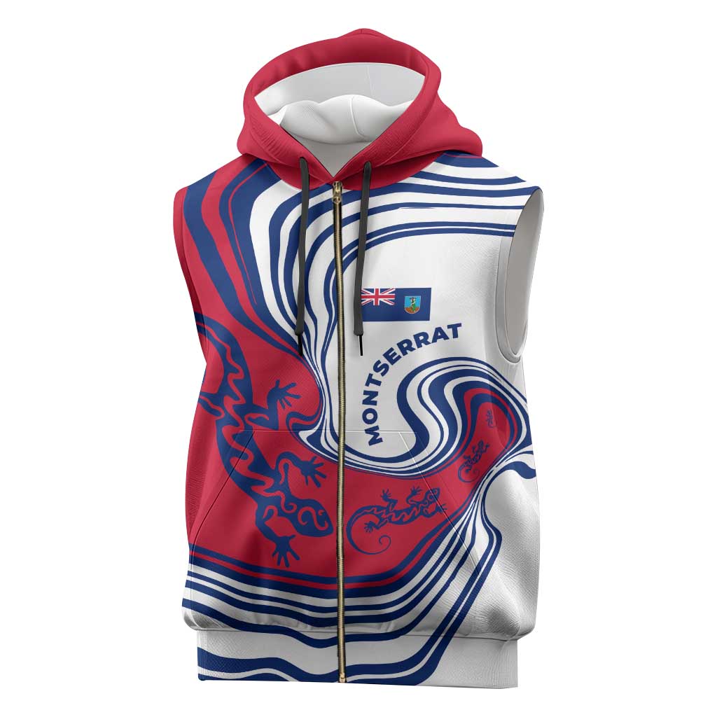 Montserrat Sleeveless Zip Hoodie with Gecko Illustration Red Blue Wavy Line Design - Wonder Print Shop