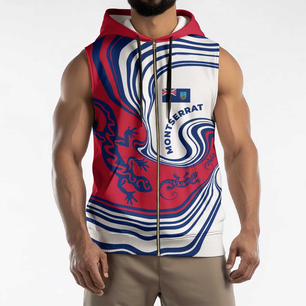 Montserrat Sleeveless Zip Hoodie with Gecko Illustration Red Blue Wavy Line Design - Wonder Print Shop