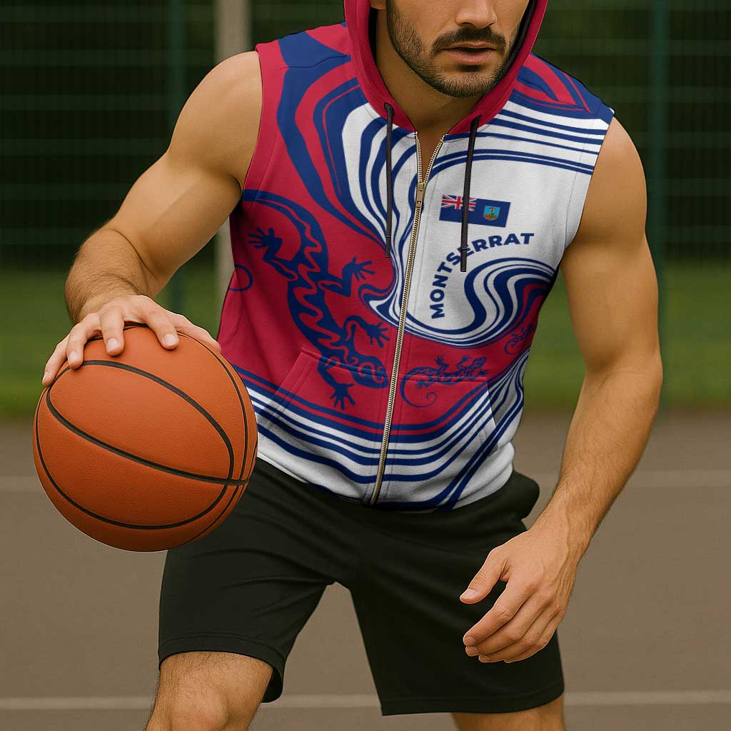 Montserrat Sleeveless Zip Hoodie with Gecko Illustration Red Blue Wavy Line Design - Wonder Print Shop