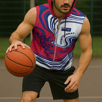 Montserrat Sleeveless Zip Hoodie with Gecko Illustration Red Blue Wavy Line Design - Wonder Print Shop