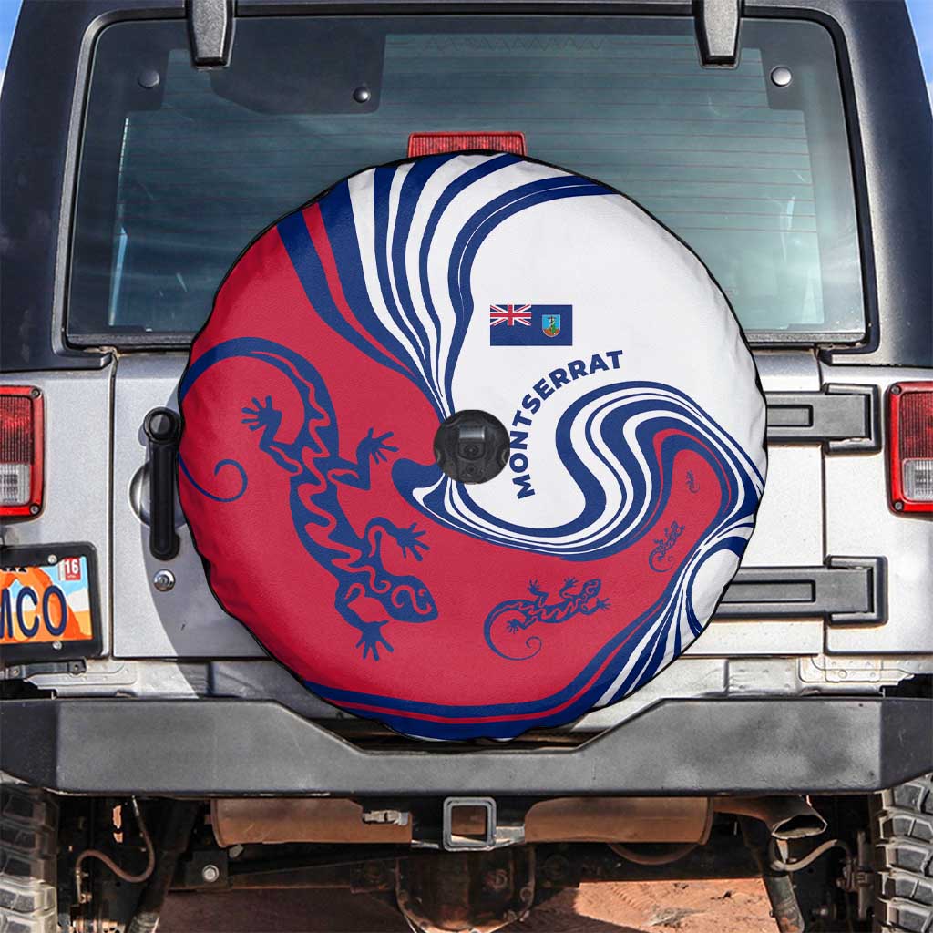 Montserrat Spare Tire Cover with Gecko Illustration Red Blue Wavy Line Design - Wonder Print Shop